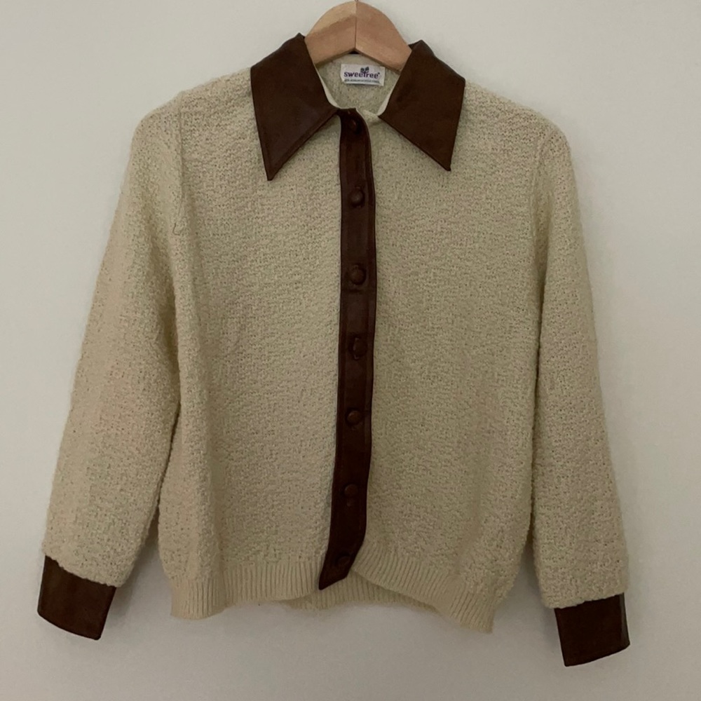 Vintage Cream and Vegan Leather Cardigan